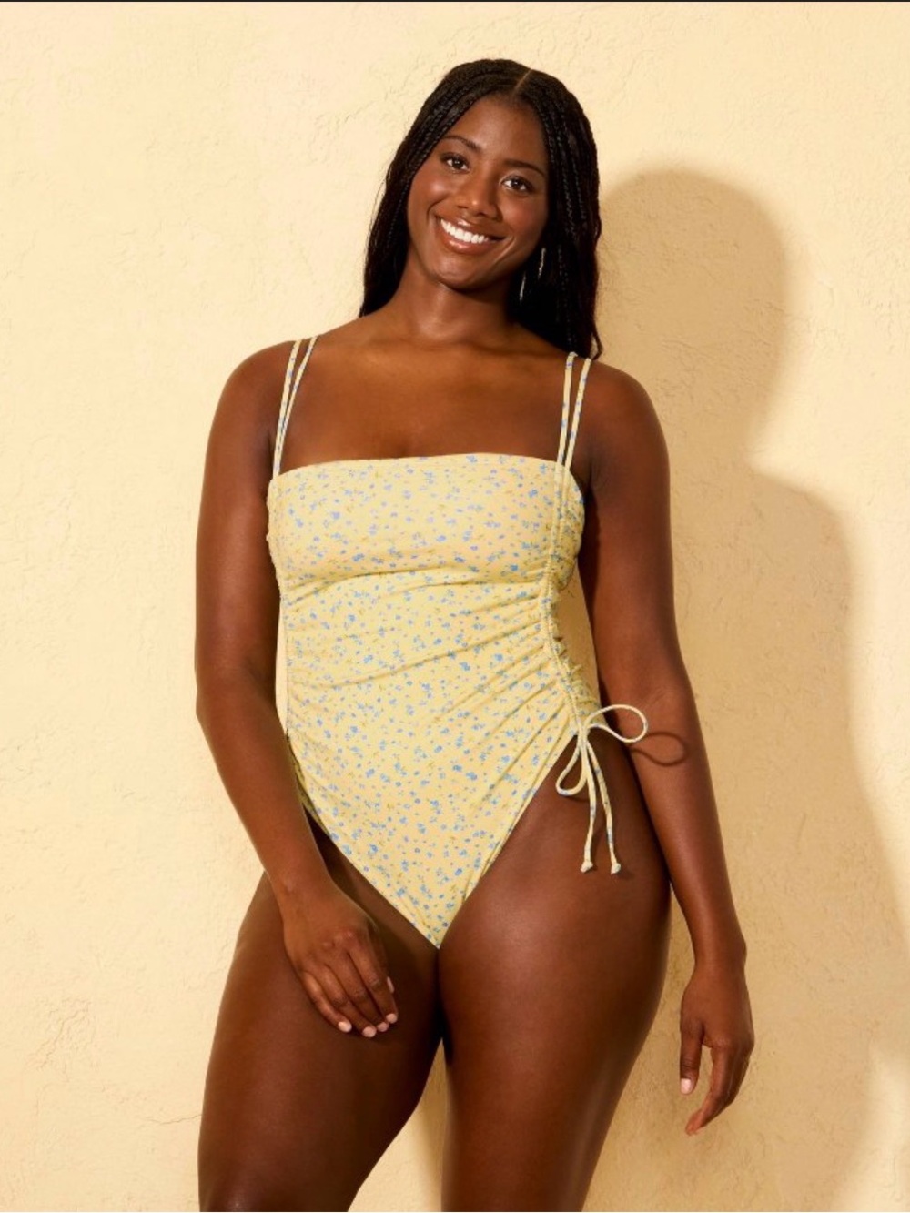 Yellow Floral Ruched One-Piece Swimsuit